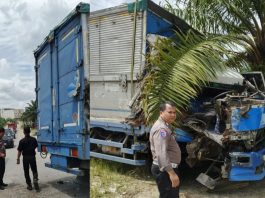 Tronton Remuk Seruduk Truk Trailer di Km 8 Kulim, Sopir Luka-luka